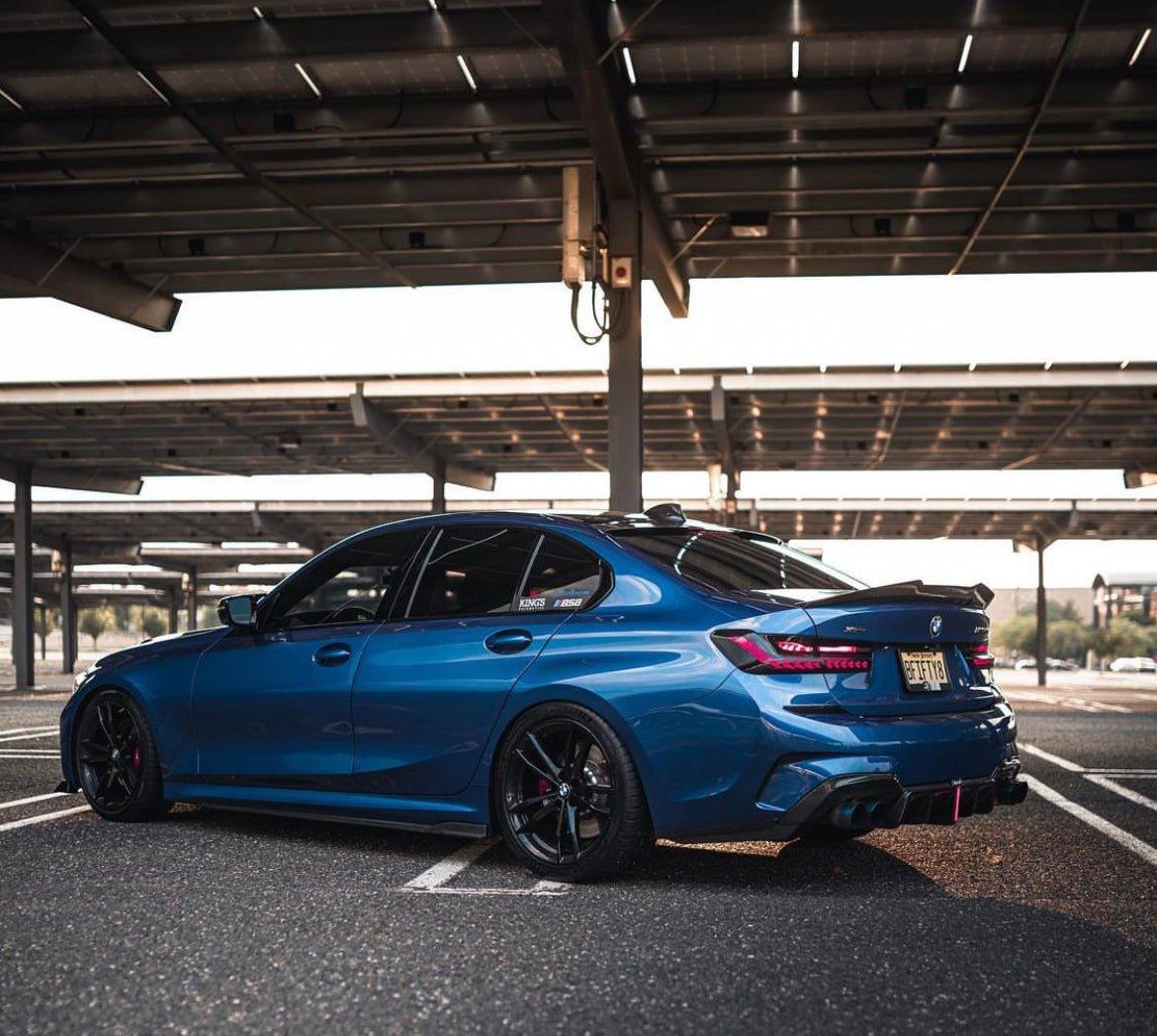 BMW 3 Series 330i (with M-package bumper, does not fit base model) M340i G20 G21 Pre-LCI 2019-2022 with Aftermarket Parts - Rear Diffuser & Canards Pre-preg Carbon Fiber from Karbel Carbon