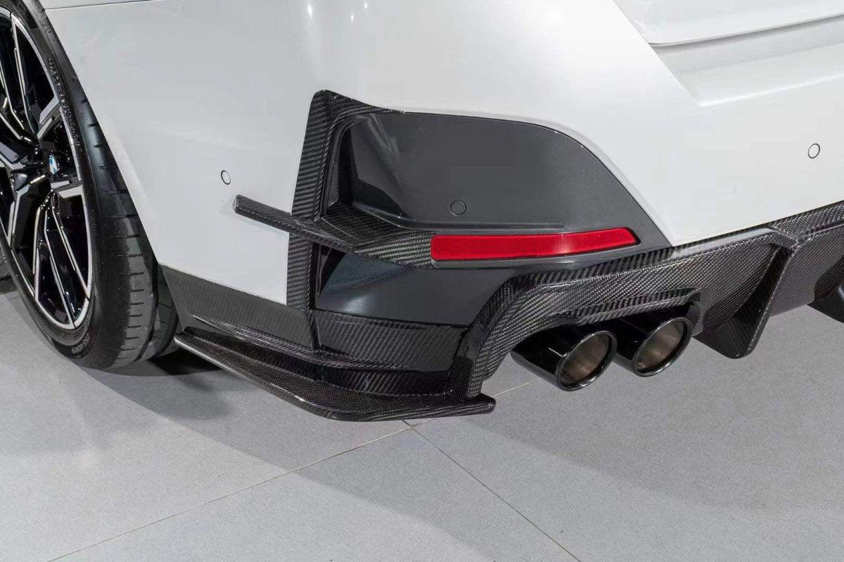 BMW I4 M50 / e Drive 40 (with M-package bumper, does not fit base model) G26 2022-ON & 4 Series Gran Coupe M440i 430i (with M-package bumper, does not fit base model) G26 2022-ON with Aftermarket Parts - Rear Bumper Canards Pre-preg Carbon Fiber from Karbel Carbon
