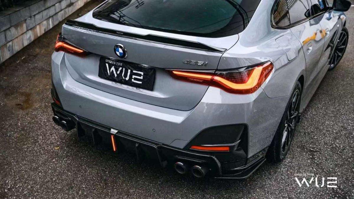 BMW 4 Series Gran Coupe M440i 430i (with M-package bumper, does not fit base model) G26 2022-ON with Aftermarket Parts - Rear Diffuser & Canards Pre-preg Carbon Fiber from Karbel Carbon