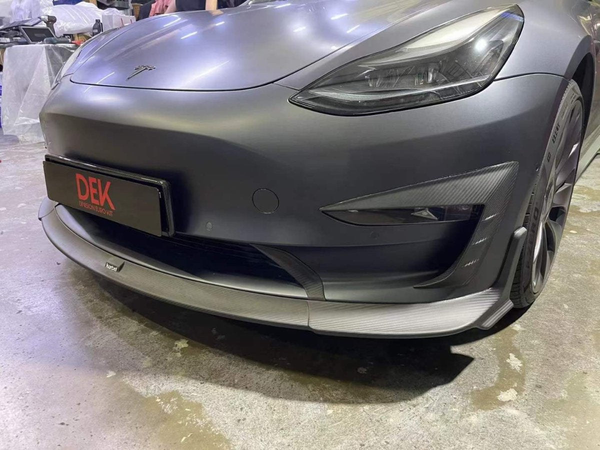 Tesla Model 3/P 2017-2023 with Aftermarket Parts - Front Lip Pre-preg Carbon Fiber from Karbel Carbon