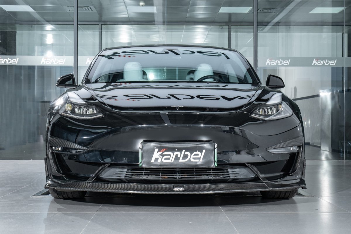 Tesla Model 3/P 2017-2023 with Aftermarket Parts - Front Lip Pre-preg Carbon Fiber from Karbel Carbon