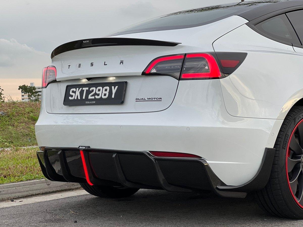 Tesla Model 3/P 2017 2018 2019 2020 2021 2022 2023 with Aftermarket Parts - Rear Diffuser & Canards Pre-preg Carbon Fiber from Karbel Carbon