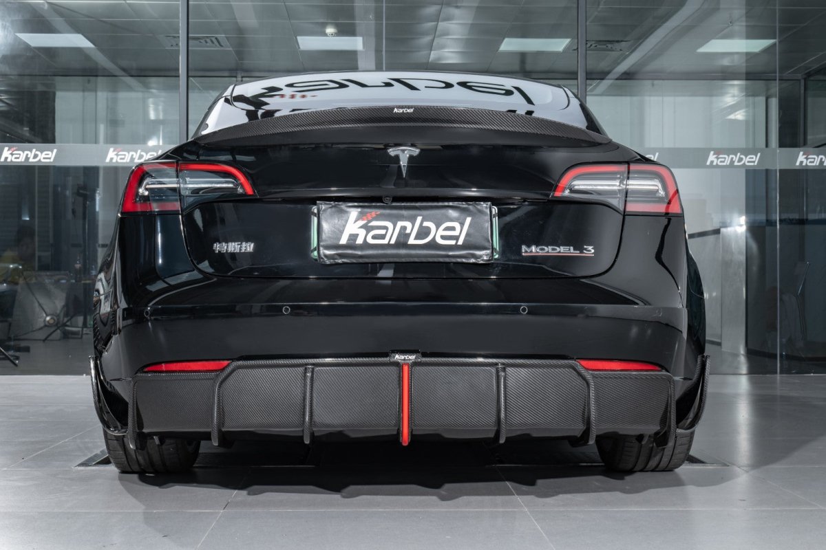 Tesla Model 3/P 2017-2023 with Aftermarket Parts - Rear Spoiler Pre-preg Carbon Fiber from Karbel Carbon