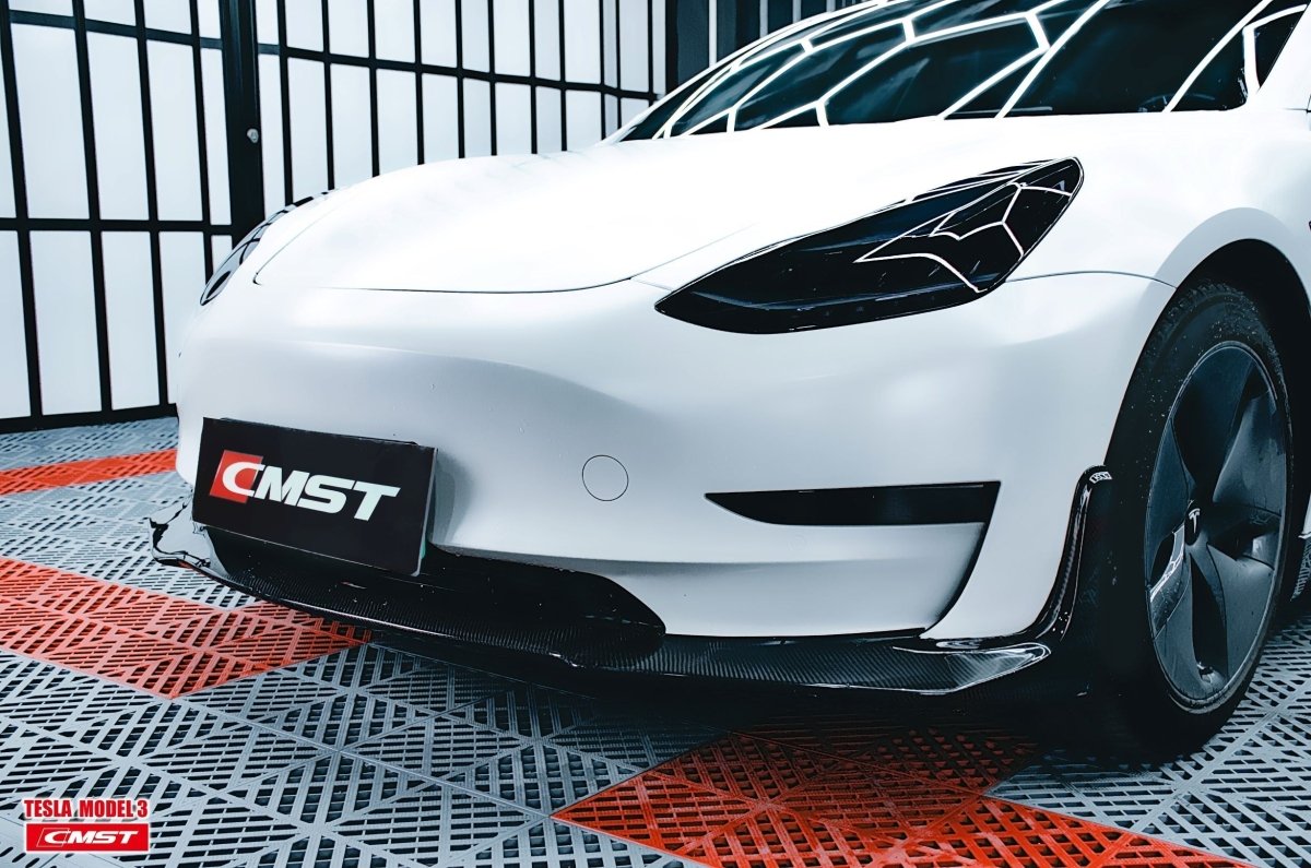 Tesla Model 3 Performance Long Range Standard Base 2017-2023 with Aftermarket Parts - V4 Style Front Lip Splitter Carbon Fiber / FRP from CMST Tuning