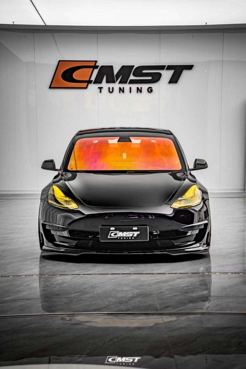 Tesla Model 3 Performance Long Range Standard Base 2017-2023 with Aftermarket Parts - V5 Style Front Lip Splitter Carbon Fiber / FRP from CMST Tuning