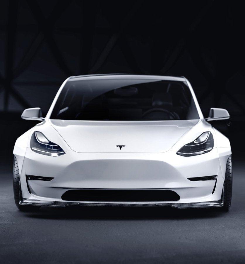 Tesla Model 3 Performance Long Range Standard Base 2017-2023 with Aftermarket Parts - V5 Style Front Lip Splitter Carbon Fiber / FRP from CMST Tuning