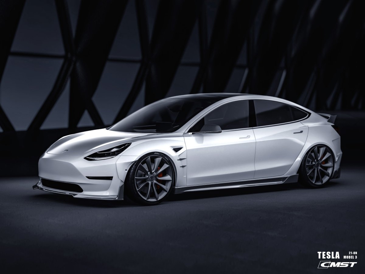 Tesla Model 3 Performance Long Range Standard Base 2017-2023 with Aftermarket Parts - V5 Style Front Lip Splitter Carbon Fiber / FRP from CMST Tuning