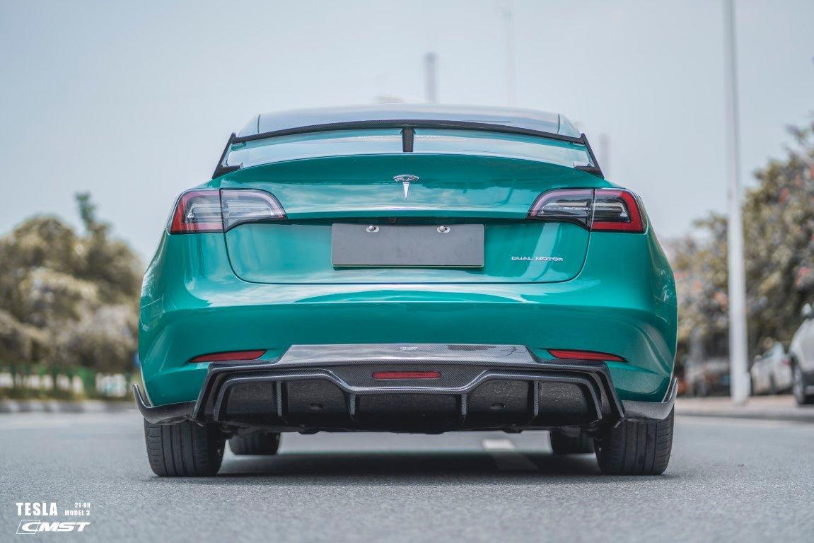 Tesla Model 3 Performance Long Range Standard Base 2017-2023 with Aftermarket Parts - V5 Style Rear Diffuser & Canards Carbon Fiber / FRP from CMST Tuning