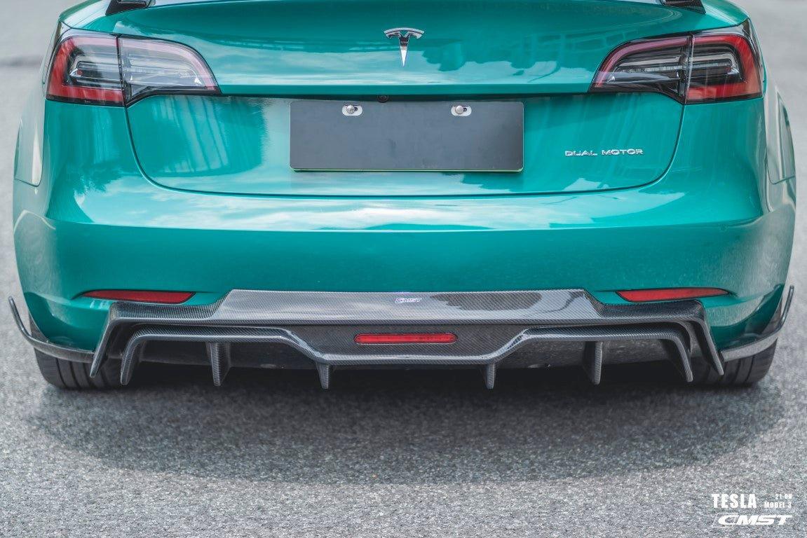 Tesla Model 3 Performance Long Range Standard Base 2017-2023 with Aftermarket Parts - V5 Style Rear Diffuser & Canards Carbon Fiber / FRP from CMST Tuning