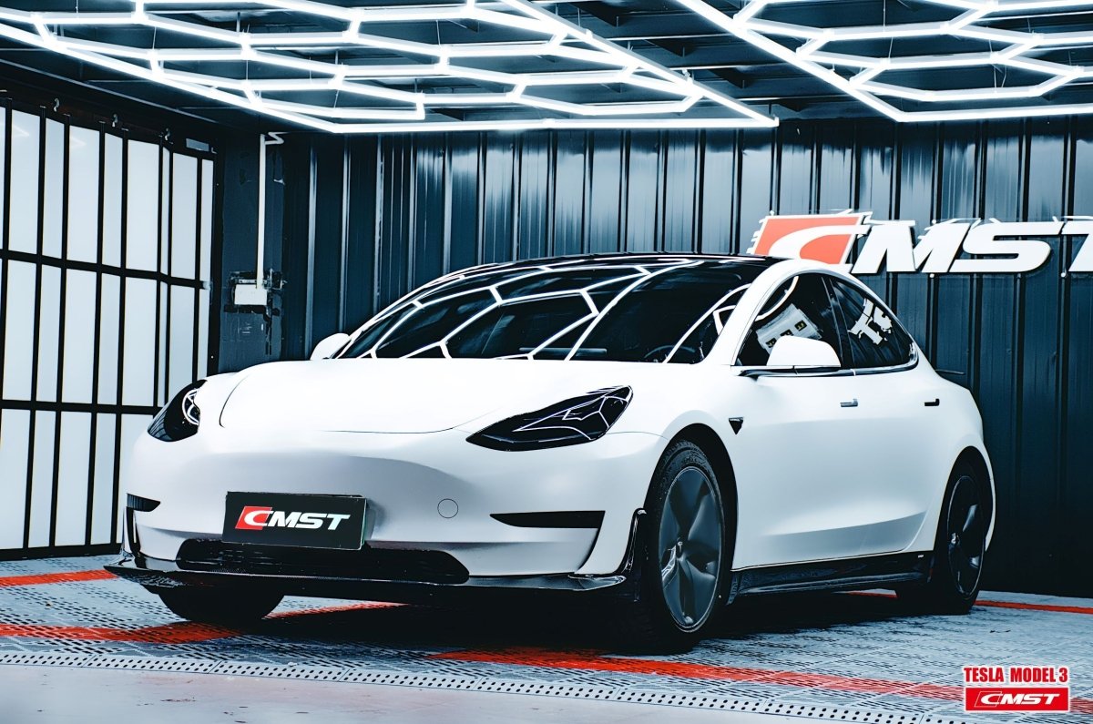 Tesla Model 3 Performance Long Range Standard Base 2017-2023 with Aftermarket Parts - V2 Style Side Skirts Carbon Fiber / FRP from CMST Tuning