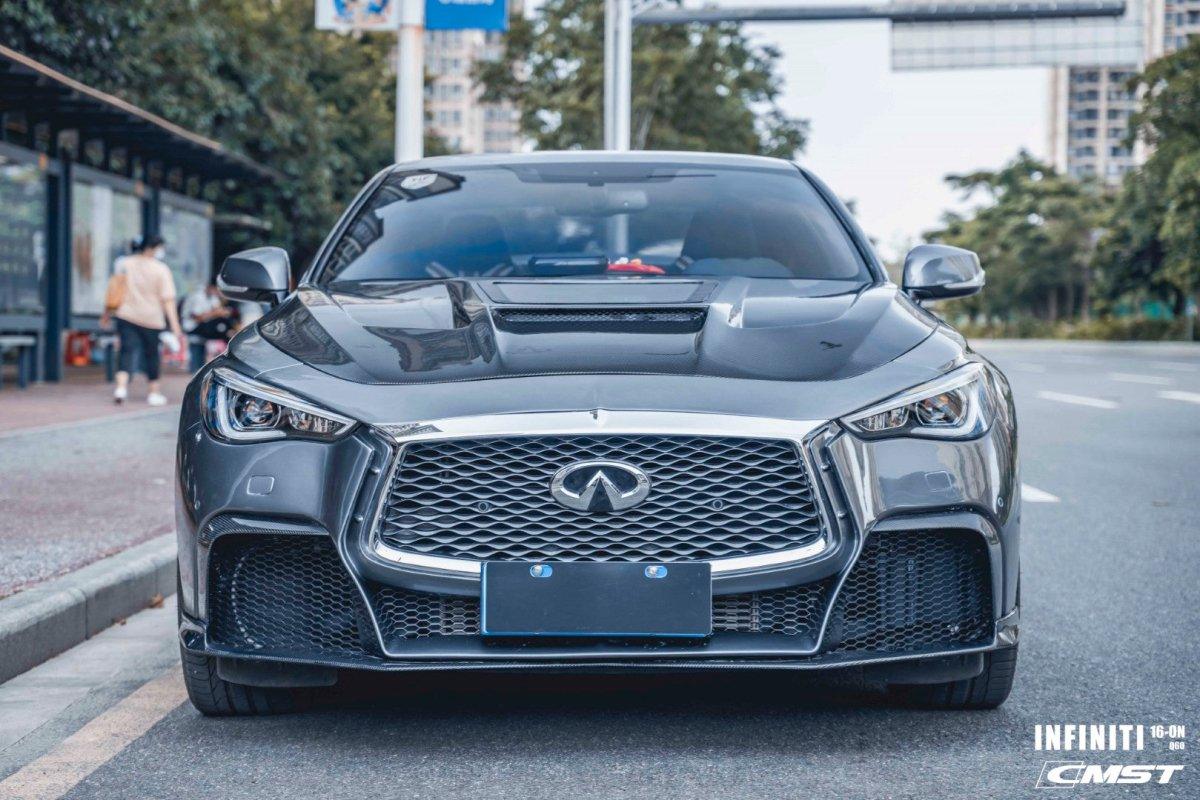 Infiniti Q60 Red Sport 400 Premium Luxe Sport Pure 2017 2018 2019 2020 2021 2022 with Aftermarket Parts - Tempered Glass Clearview Hood Bonnet Carbon Fiber / FRP from  CMST Tuning