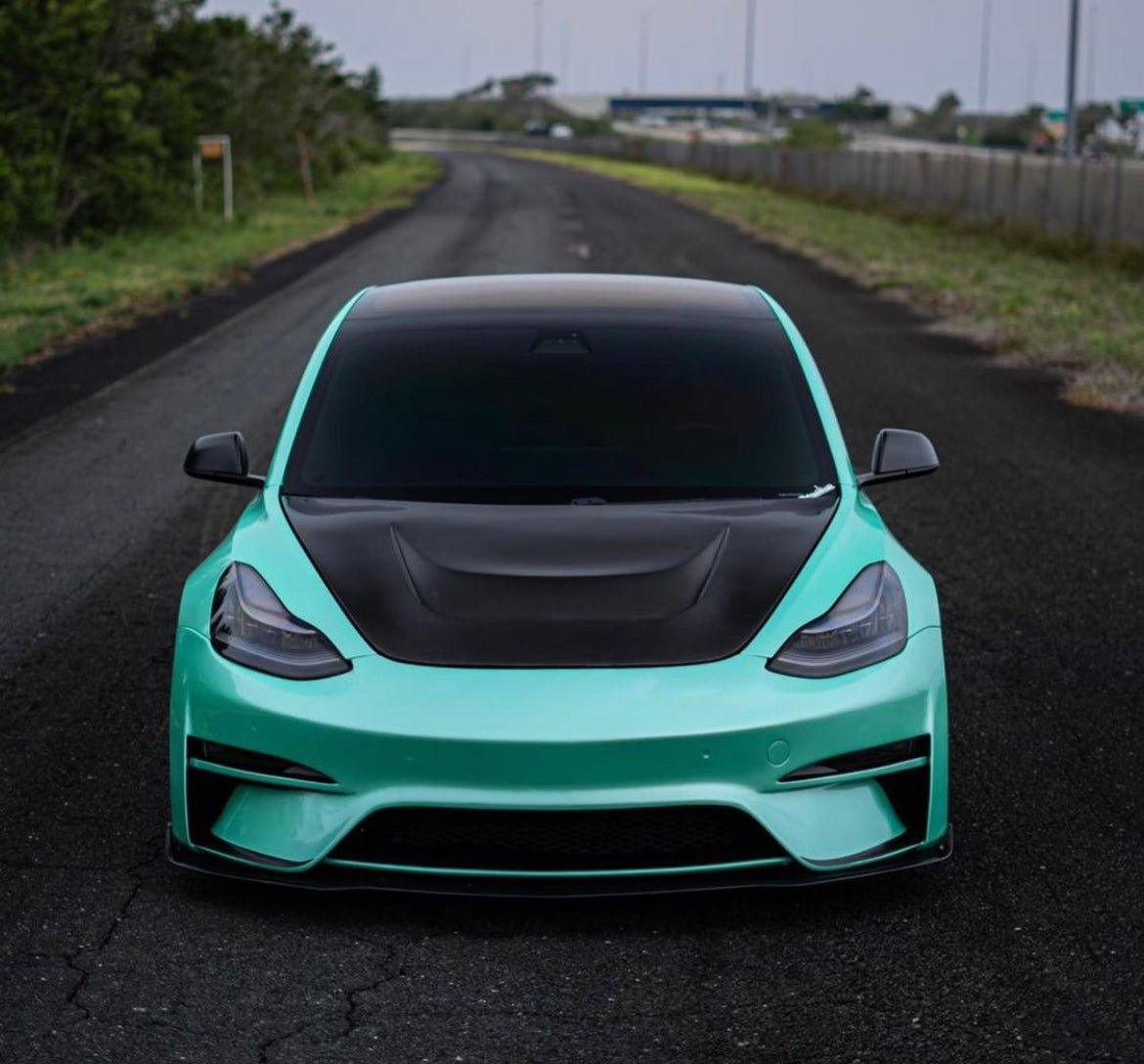 Tesla Model 3 Performance Long Range Standard Base 2017 2018 2019 2020 2021 2022 2023 with Aftermarket Parts - Crypton Front Bumper & Lip Carbon Fiber / FRP from Robot Craftsman