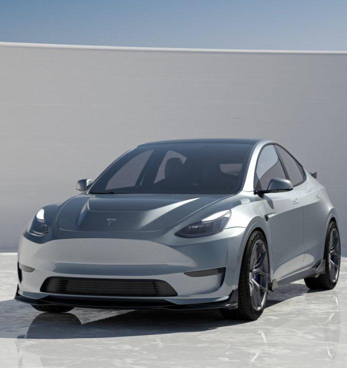 Tesla Model Y Performance AWD Long Range RWD Standard 2020 2021 2023 2024 with Aftermarket Parts - "CRYPTON" Front Lip & Corner Splitters Carbon Fiber / FRP from Robot Craftsman