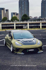 Tesla Model 3 Performance Long Range Standard Base 2017 2018 2019 2020 2021 2022 2023 with Aftermarket Parts - "Hacker" Widebody Front Bumper Canards Carbon Fiber / FRP from Robot Craftsman