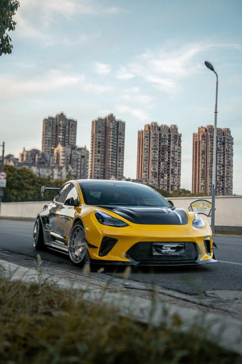 Tesla Model 3 Performance Long Range Standard Base 2017 2018 2019 2020 2021 2022 2023 with Aftermarket Parts - "Hacker" Widebody Front Bumper Canards Carbon Fiber / FRP from Robot Craftsman