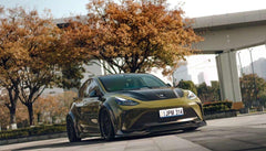 Tesla Model Y Performance AWD Long Range RWD Standard 2020 2021 2023 2024 with Aftermarket Parts - "STARSHIP" Stage 1 Corner Lip (2 pcs) & Stage 2 Corner Lip (4 pcs) & Front Bumper Carbon Fiber from Robot Craftsman