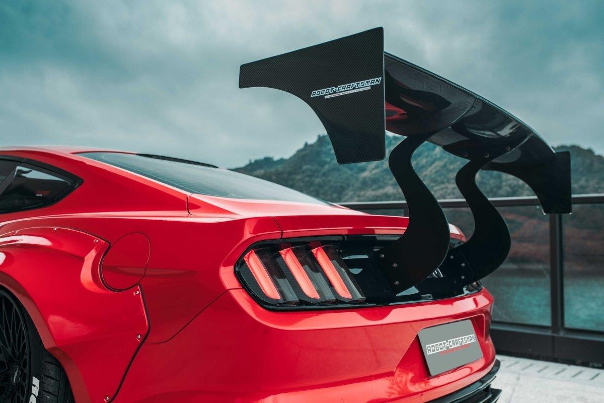 Ford Mustang Ecoboost V6 GT March1 Bullitt S550.1 S550.2 2015 2016 2017 2018 2019 2020 2021 2022 2023 (note: dual exhaust tips) with Aftermarket Parts - "STORM" Rear GT Wing Carbon Fiber / FRP from Robot Craftsman