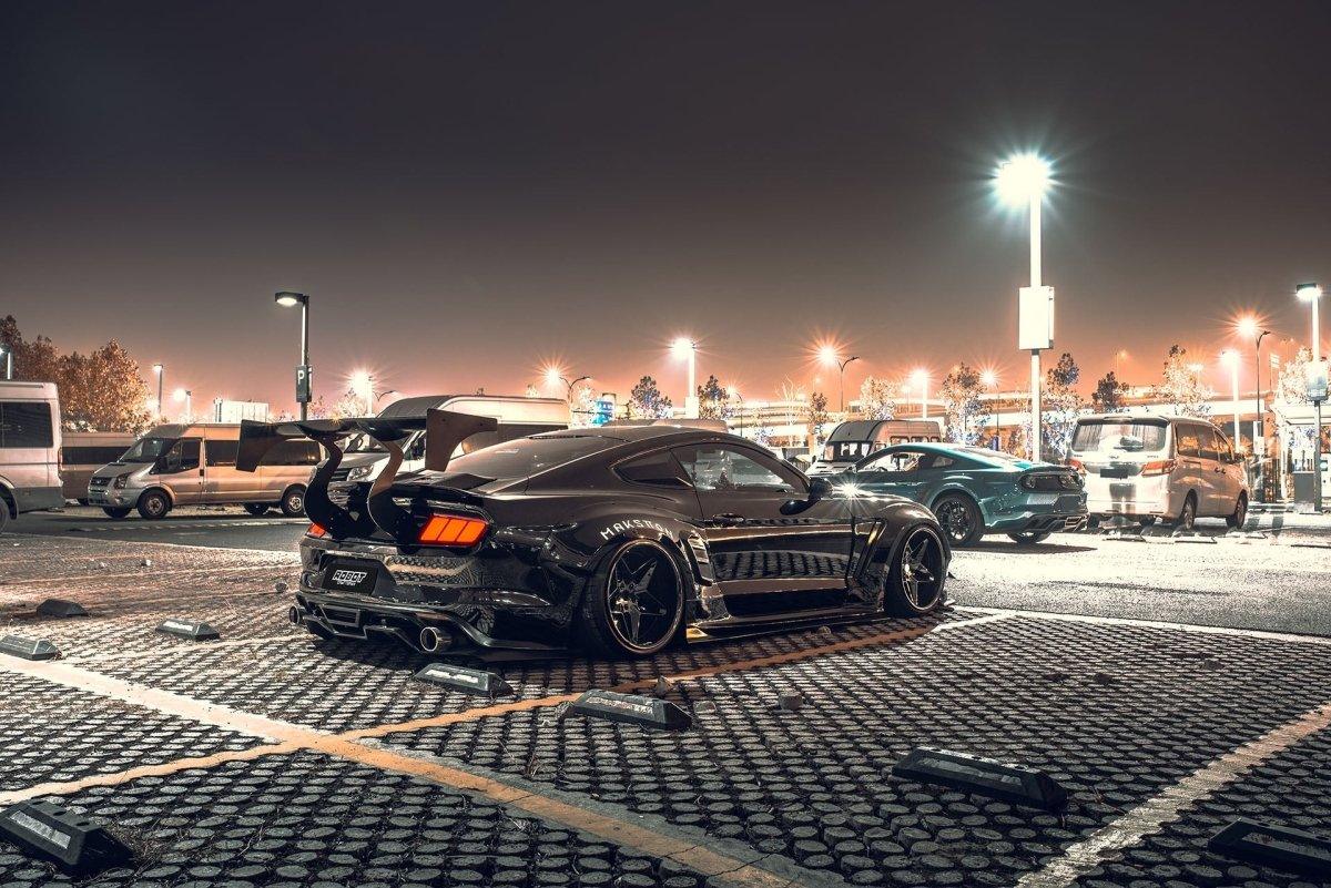 Ford Mustang Ecoboost V6 GT March1 Bullitt S550.1 S550.2 2015 2016 2017 2018 2019 2020 2021 2022 2023 (note: dual exhaust tips) with Aftermarket Parts - "STORM" Rear GT Wing Carbon Fiber / FRP from Robot Craftsman