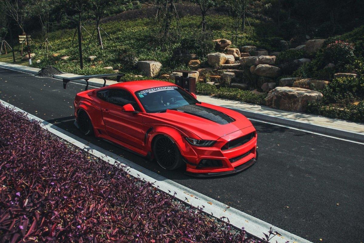Ford Mustang Ecoboost V6 GT S550.1 2015 2016 2017 & Mustang Ecoboost V6 GT March1 Bullitt S550.2 2018 2019 2020 2021 2022 2023 with Aftermarket Parts - "STORM" Widebody Fender Flares Wheel Arches & Side Skirts Carbon Fiber / FRP from Robot Craftsman