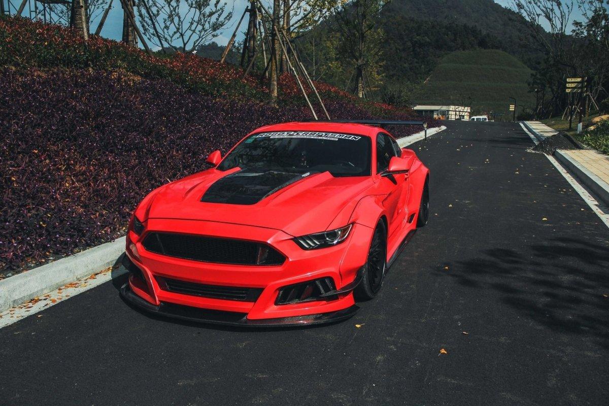 Ford Mustang Ecoboost V6 GT S550.1 2015 2016 2017 & Mustang Ecoboost V6 GT March1 Bullitt S550.2 2018 2019 2020 2021 2022 2023 with Aftermarket Parts - "STORM" Widebody Fender Flares Wheel Arches & Side Skirts Carbon Fiber / FRP from Robot Craftsman