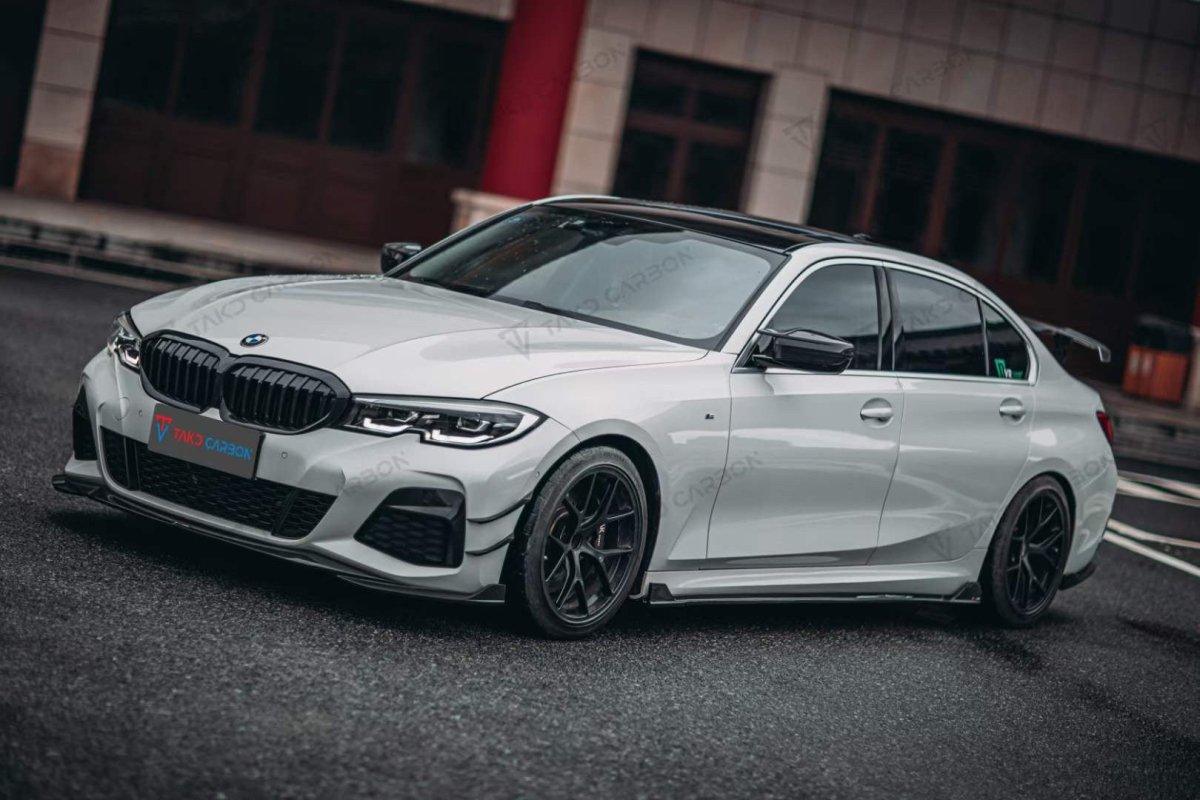 BMW 3 Series 330i (with M-package bumper, does not fit base model) M340i G20 Pre-LCI 2019 2020 2021 2022 with Aftermarket Parts - V2 Style Front Lip Pre-preg Carbon Fiber from TAKD Carbon