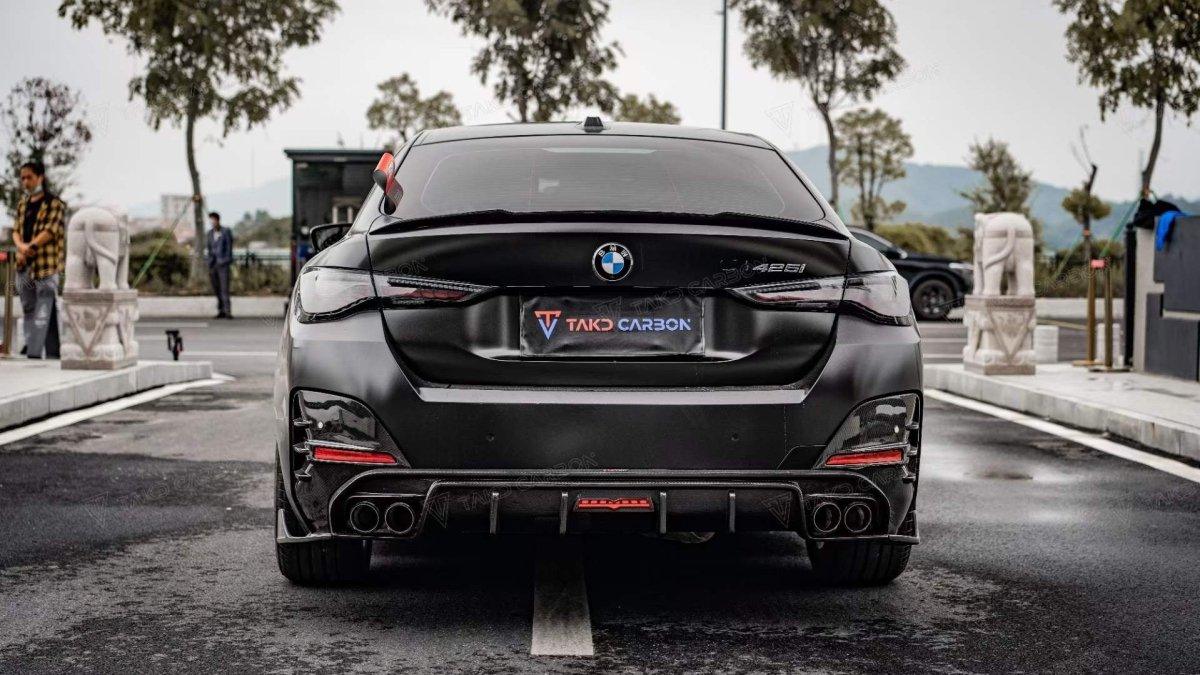 BMW I4 M50 / e Drive 40 (with M-package bumper, does not fit base model) G26 2022 2023 2024 & 4 Series Gran Coupe M440i 430i (with M-package bumper, does not fit base model) G26 2022 2023 2024 with Aftermarket Parts - V1 Style Rear Diffuser & Canards Pre-preg Carbon Fiber from TAKD Carbon