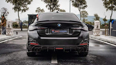 BMW I4 M50 / e Drive 40 (with M-package bumper, does not fit base model) G26 2022 2023 2024 & 4 Series Gran Coupe M440i 430i (with M-package bumper, does not fit base model) G26 2022 2023 2024 with Aftermarket Parts - V1 Style Rear Diffuser & Canards Pre-preg Carbon Fiber from TAKD Carbon