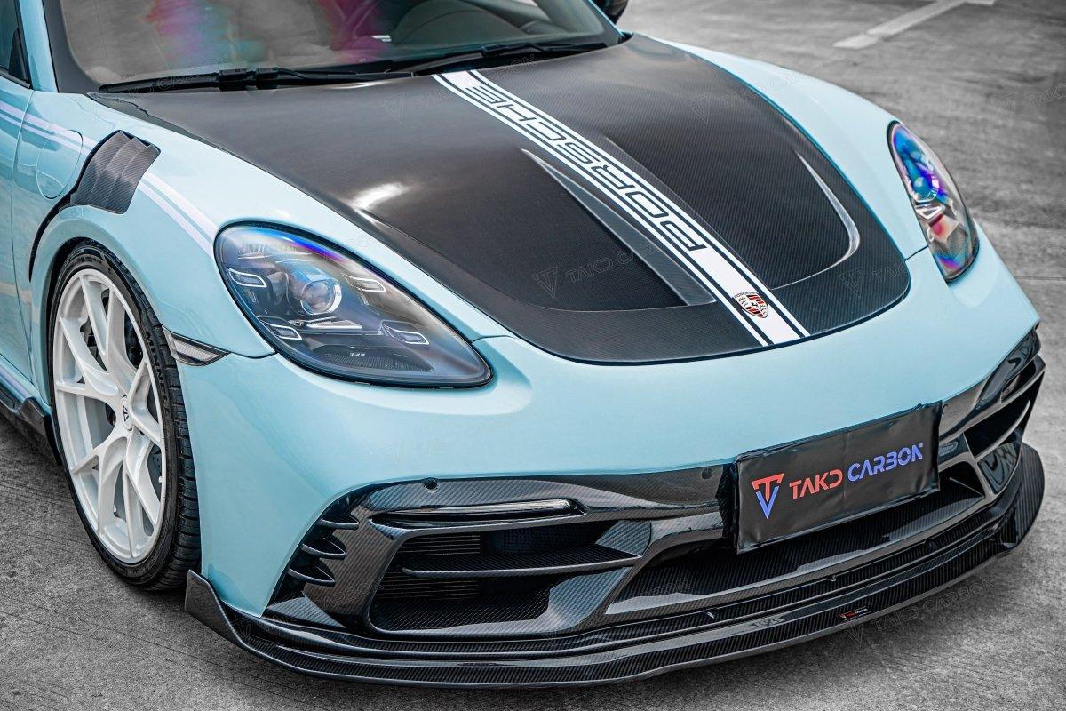 Porsche 718 Cayman / Boxster / GTS 2017-ON with Aftermarket Parts - Front Bumper & Lip Pre-preg Carbon Fiber from TAKD Carbon